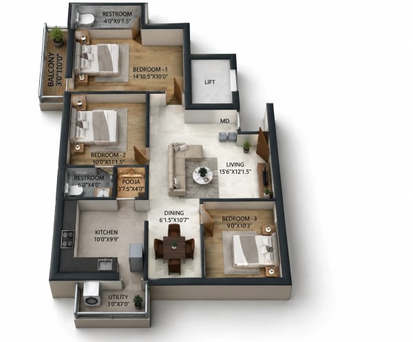 3 BHK Apartment floor plan — SNR Aashiaana
