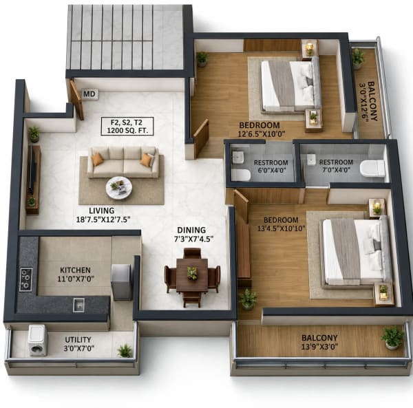 2 BHK Apartment floor plan — 1,200 sqft
