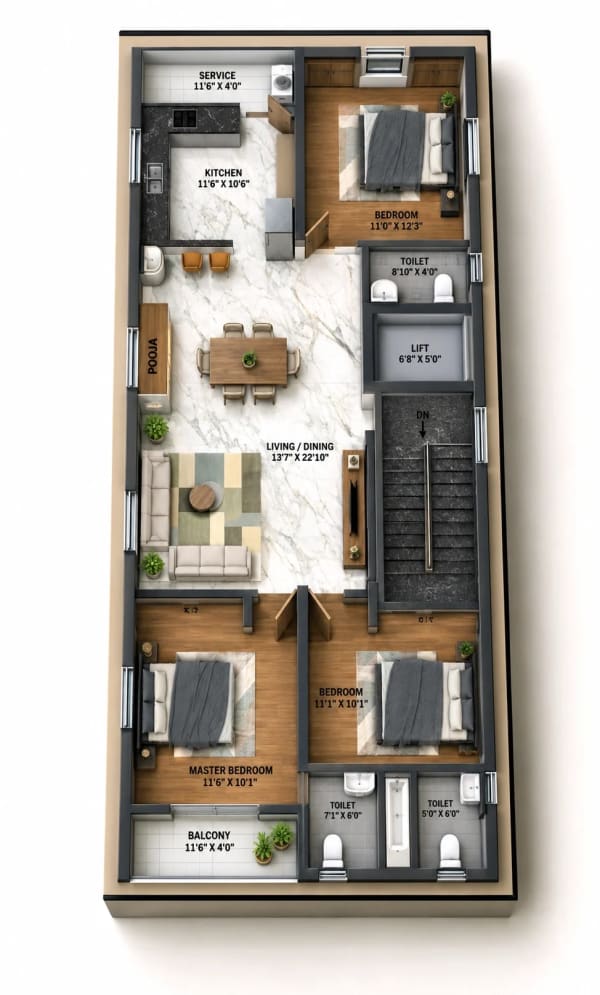 3 BHK Apartment floor plan — 1,765 sqft