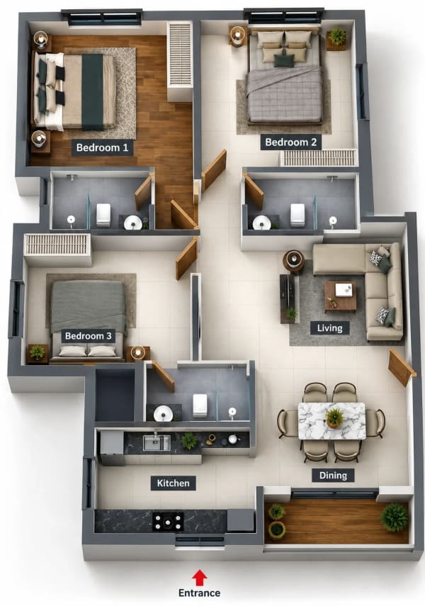 3 BHK Apartment floor plan — 1,765 sqft
