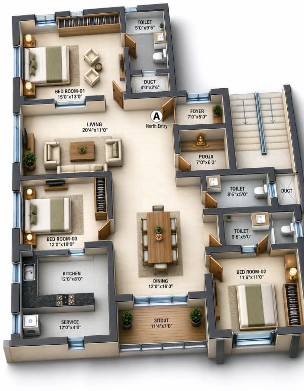 3 BHK Apartment floor plan — 1,750 sqft