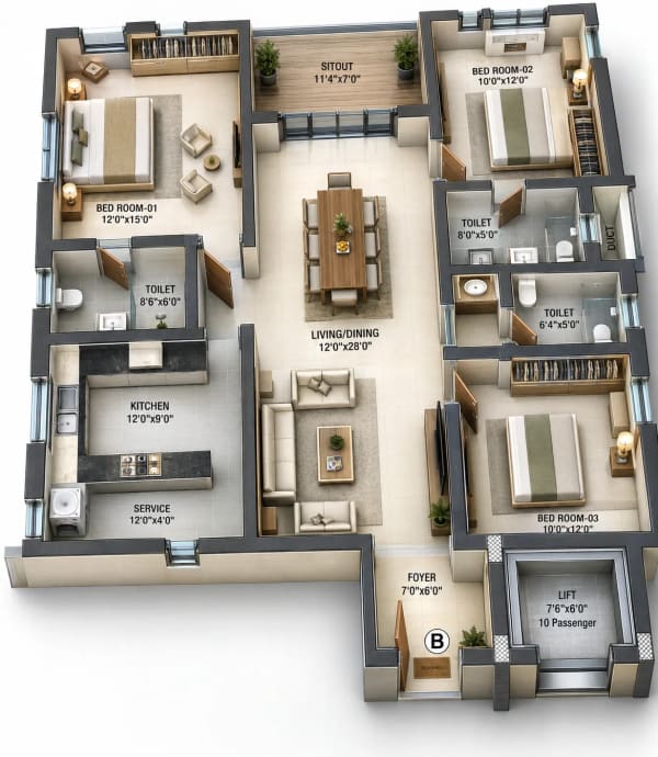 3 BHK Apartment floor plan — 1,600 sqft