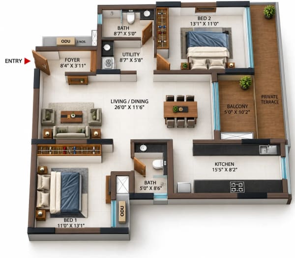 2 BHK Apartment floor plan — Casagrand Reva