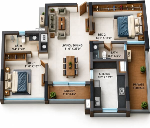 2 BHK Apartment floor plan — Casagrand Reva