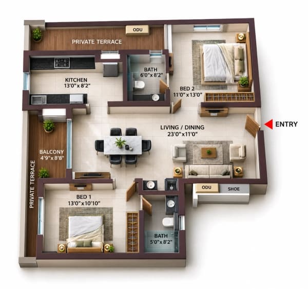 2 BHK Apartment floor plan — Casagrand Suncity