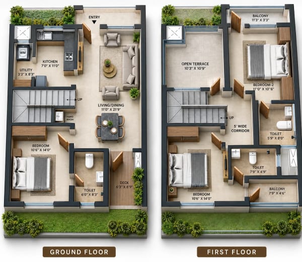 3 BHK Villa floor plan — 1,522 sqft