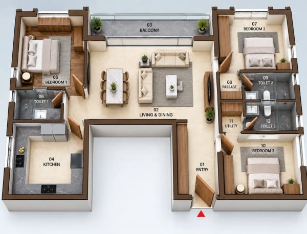 3 BHK Apartment floor plan — 1,831 sqft