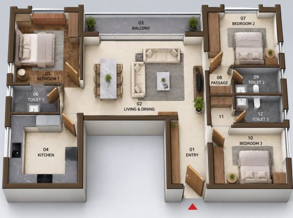 3 BHK Apartment floor plan — 1,864 sqft