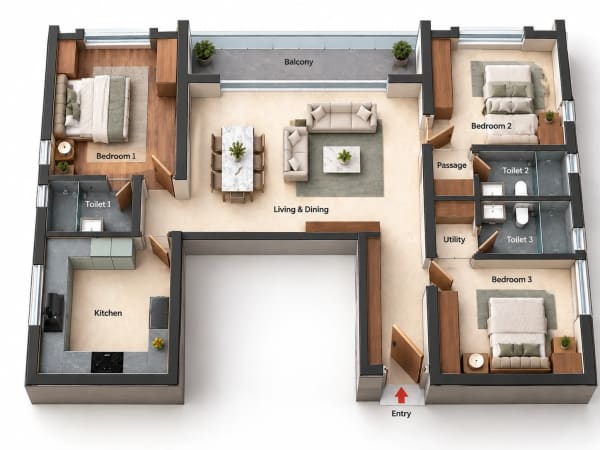 3 BHK Apartment floor plan — 1,747 sqft