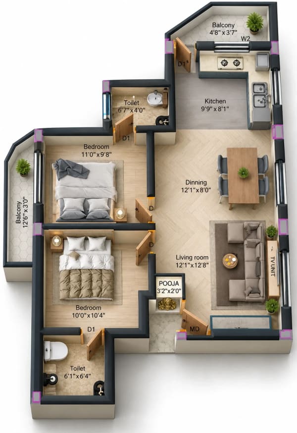 2 BHK Apartment floor plan — KPN SP2K Serenity Skyline