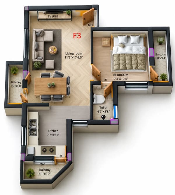 1 BHK Apartment floor plan — 680 sqft