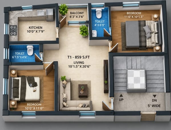 2 BHK Apartment floor plan — 859 sqft