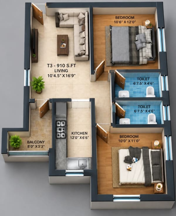 2 BHK Apartment floor plan — 910 sqft