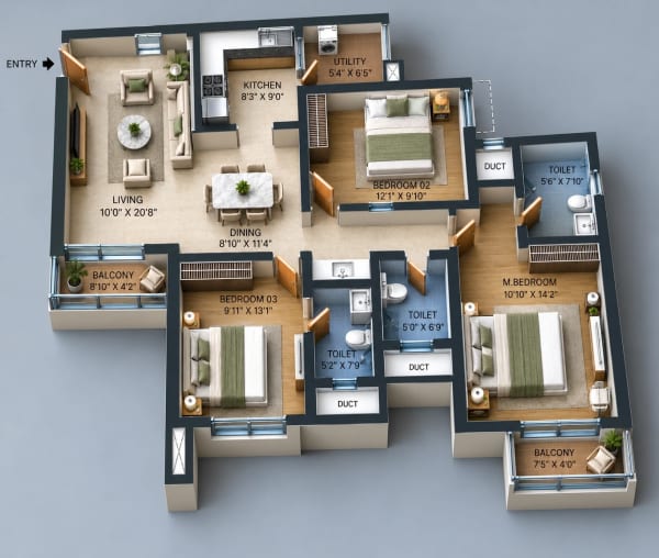 3 BHK Apartment floor plan — Doshi Risington 2