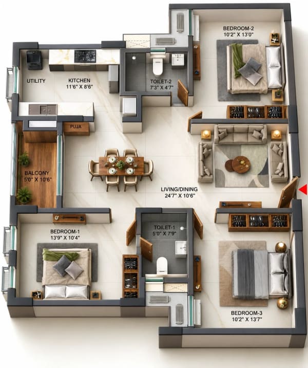 3 BHK Apartment floor plan — TVS Emerald Verde Vista
