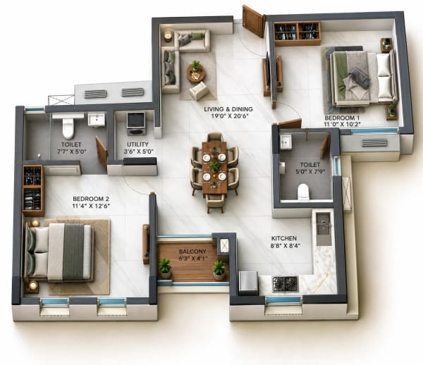 2 BHK Apartment floor plan — TVS Emerald Verde Vista