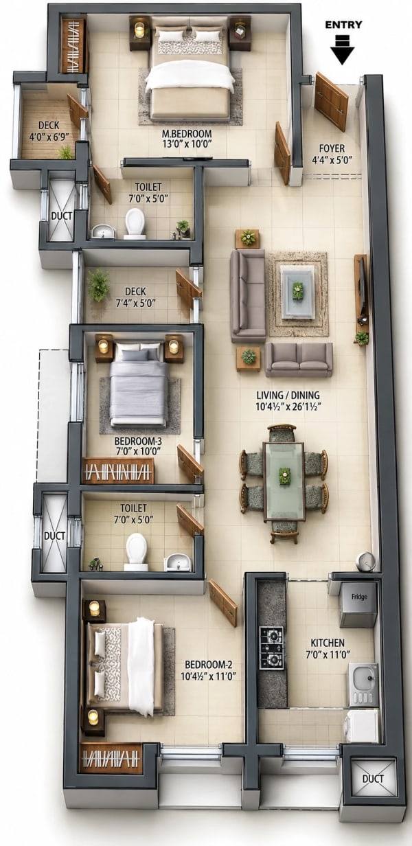 3 BHK Apartment floor plan — 1,277 sqft