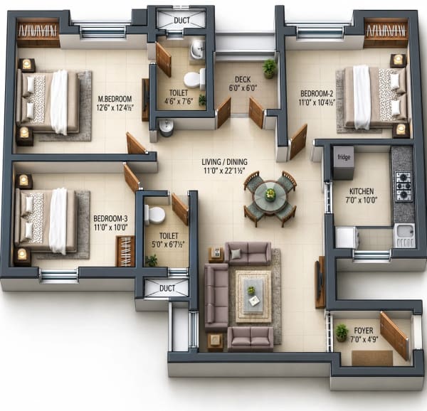 3 BHK Apartment floor plan — 1,343 sqft