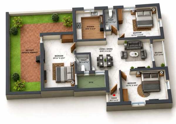 3 BHK Apartment floor plan — KST Blizz