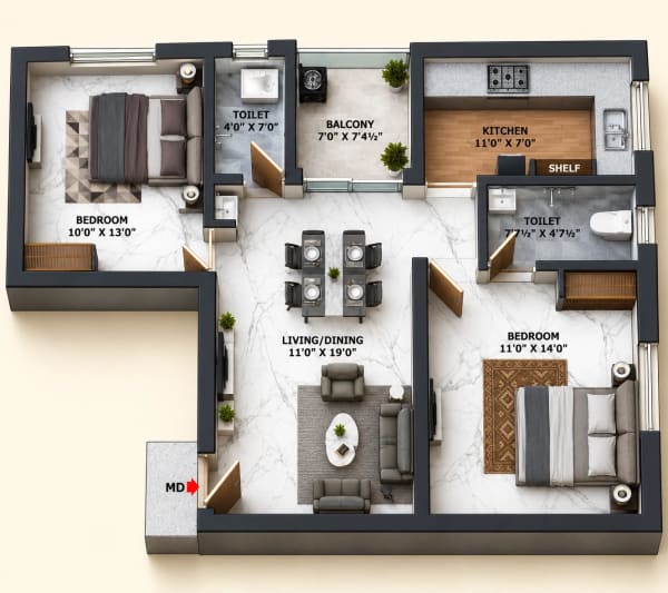 2 BHK Apartment floor plan — 1,015 sqft