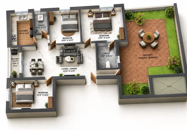 3 BHK Apartment floor plan — KST Blizz