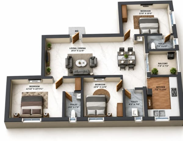 3 BHK Apartment floor plan — KST Blizz