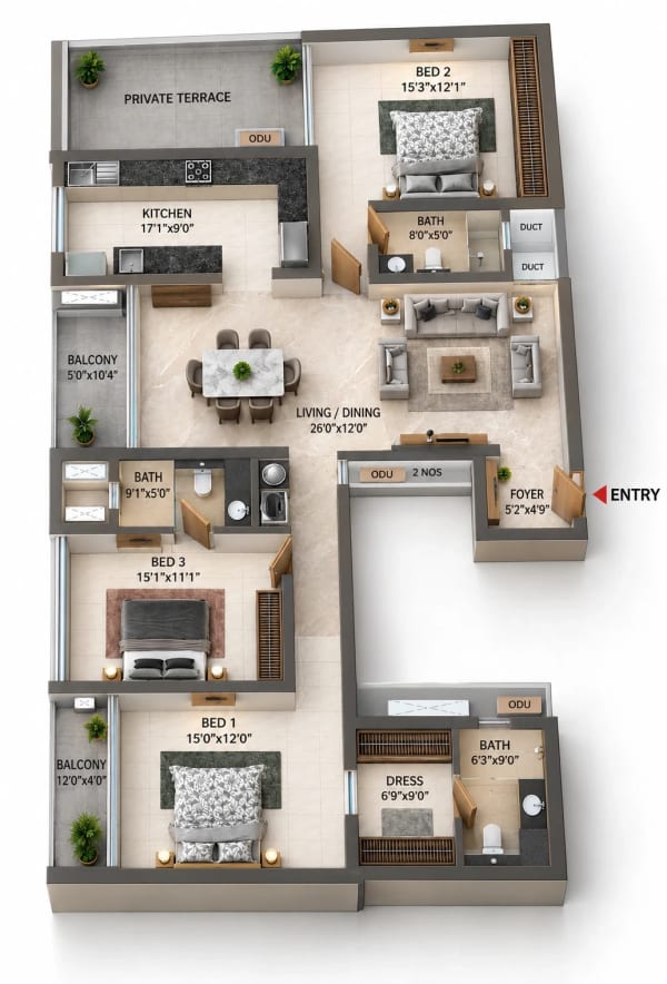 3 BHK Apartment floor plan — Casagrand Mercury