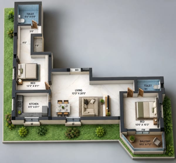 3 BHK Apartment floor plan — GK Sai Shree Enclave