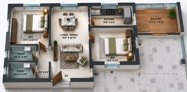 2 BHK Apartment floor plan — 977 sqft