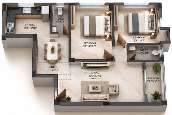 2 BHK Apartment floor plan — 944 sqft
