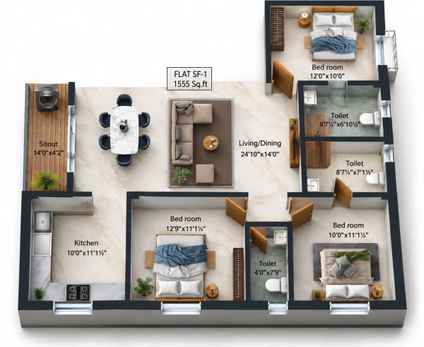 3 BHK Apartment floor plan — MS Charan Elite