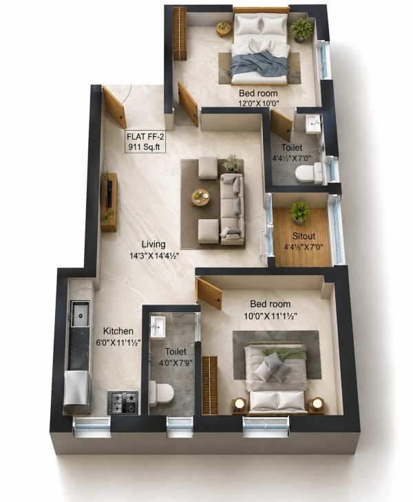 2 BHK Apartment floor plan — 911 sqft