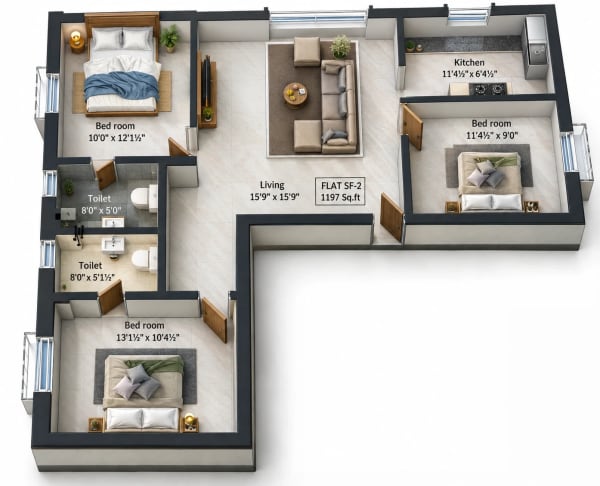 3 BHK Apartment floor plan — MS Charan Elite