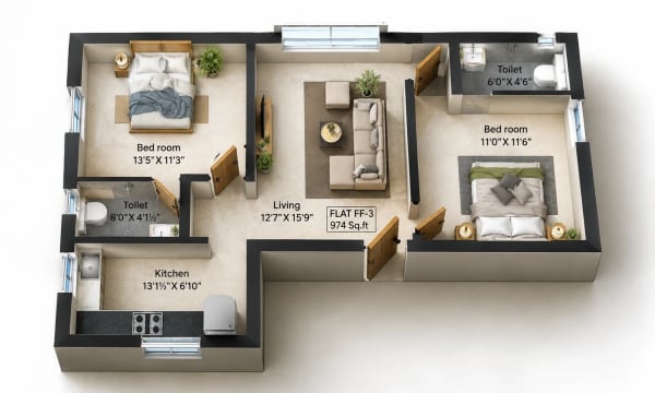 2 BHK Apartment floor plan — 974 sqft