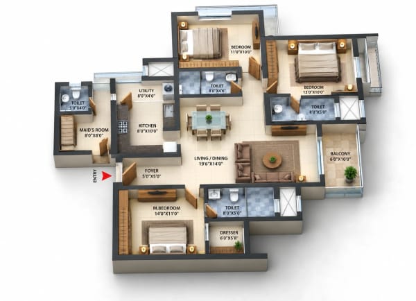 3 BHK Apartment floor plan — Prestige Palm Court
