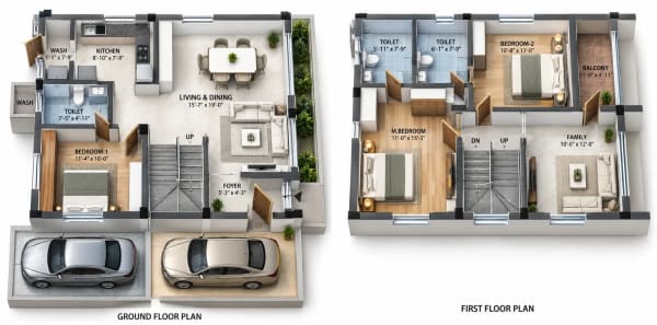 3 BHK Villa floor plan — 1,590 sqft