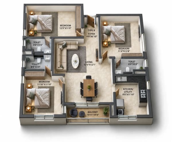 3 BHK Apartment floor plan — 1,412 sqft
