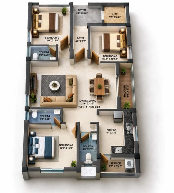3 BHK Apartment floor plan — MP Nilay and Nivas