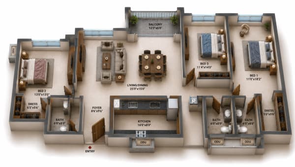 3 BHK Apartment floor plan — Casagrand Aquagrove