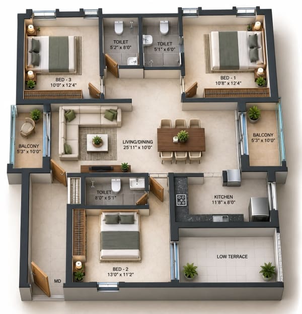 3 BHK Apartment floor plan — DAC Manapark