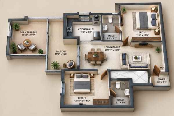 2 BHK Apartment floor plan — 1,231 sqft