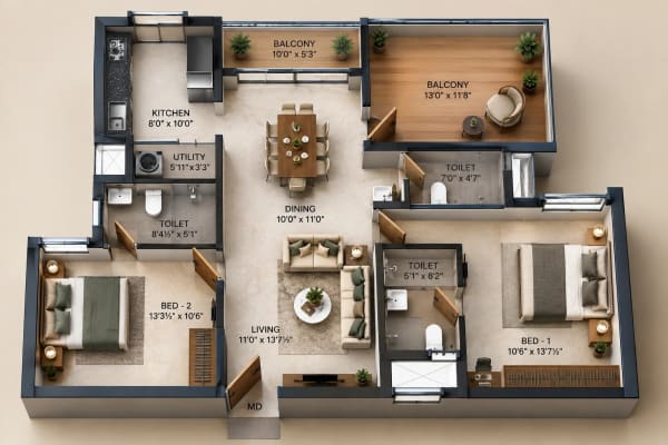 2 BHK Apartment floor plan — 1,400 sqft