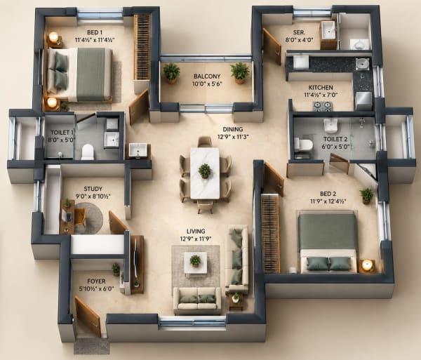 2.5 BHK Apartment floor plan — 1,492 sqft