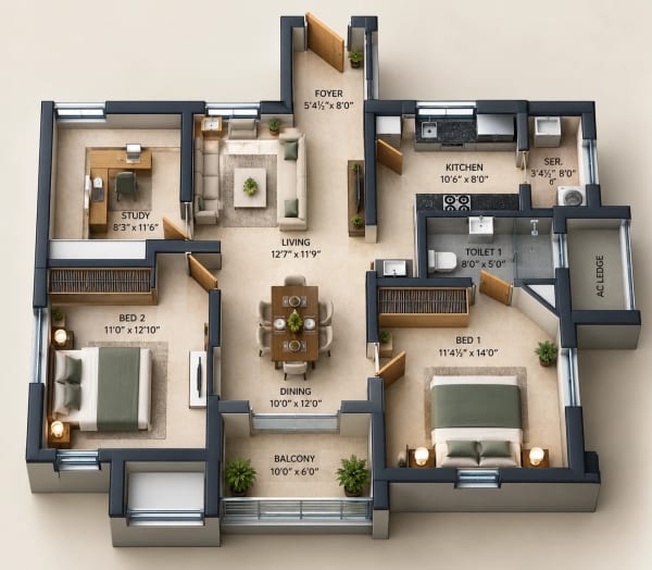 2.5 BHK Apartment floor plan — 1,552 sqft
