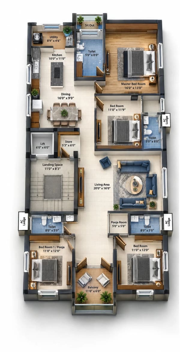 4 BHK Apartment floor plan — 2,531 sqft