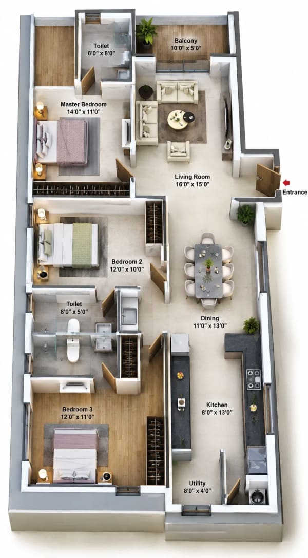 3 BHK Apartment floor plan — 1,800 sqft