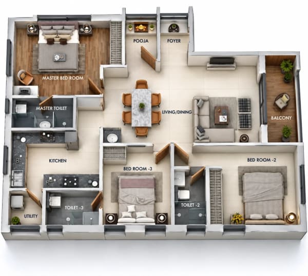 3 BHK Apartment floor plan — 1,535 sqft