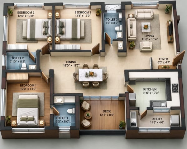 3 BHK Apartment floor plan — 1,761 sqft