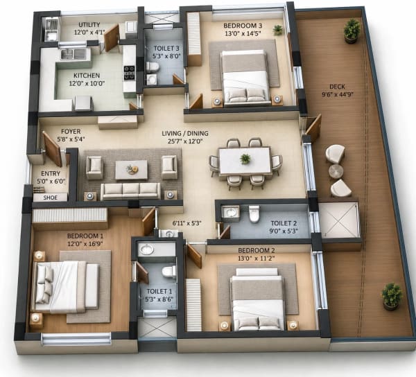 3 BHK Apartment floor plan — 1,957 sqft