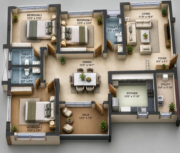 3 BHK Apartment floor plan — 1,870 sqft